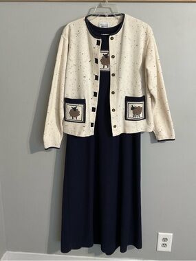 Vintage Christopher & Banks Navy and Cream Tank Dress set. Med Jacket Large Dres